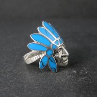 Sterling Silver Turquoise Indian Chief Turquoise Headdress Ring Size 7.5