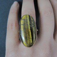 Large Oval Tigers Eye Ring Size 8 Sterling Silver