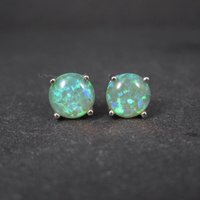 Estate Sterling Silver 8mm Green Opal Stud Earrings