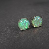 Estate Sterling Silver 8mm Green Opal Stud Earrings