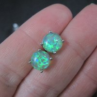 Estate Sterling Silver 8mm Green Opal Stud Earrings