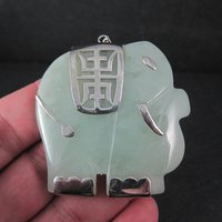 Huge Sterling Silver Jade Elephant Pendant