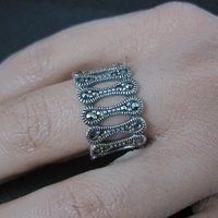 Wide Sterling Silver Marcasite Band Ring Size 7.5