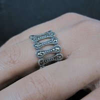 Wide Sterling Silver Marcasite Band Ring Size 7.5