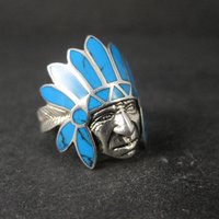 Sterling Silver Turquoise Indian Chief Turquoise Headdress Ring Size 7.5