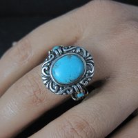 Estate Sterling Turquoise Ring Ornate Size 8 NK