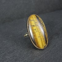 Large Oval Tigers Eye Ring Size 8 Sterling Silver