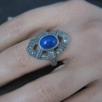 Sterling Silver Lapis Lazuli Marcasite Ring Size 8