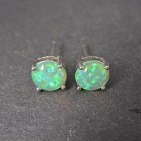 Estate Sterling Silver 8mm Green Opal Stud Earrings