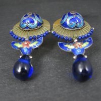 Vintage Cloisonne Enamel Jade Earrings Chinese Export French Backs