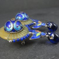 Vintage Cloisonne Enamel Jade Earrings Chinese Export French Backs