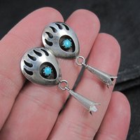 Sterling Turquoise Bear Paw Earrings Vintage Southwestern