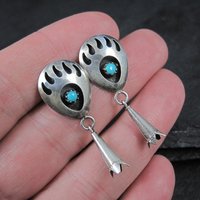Sterling Turquoise Bear Paw Earrings Vintage Southwestern