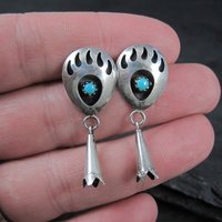 Sterling Turquoise Bear Paw Earrings Vintage Southwestern