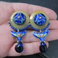 Vintage Cloisonne Enamel Jade Earrings Chinese Export French Backs