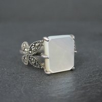 Sterling Silver Mother of Pearl and Marcasite Butterfly Ring Size 7