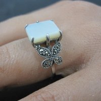 Sterling Silver Mother of Pearl and Marcasite Butterfly Ring Size 7