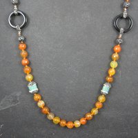 Estate Orange Quartz Marcasite Turquoise Bead Necklace 38"