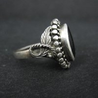 Vintage Sterling Silver Onyx Leaf Ring Size 6