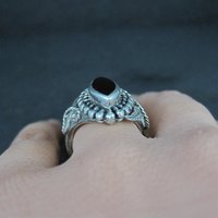Vintage Sterling Silver Onyx Leaf Ring Size 6