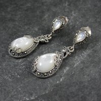 Vintage Sterling Silver Mother of Pearl Marcasite Earrings