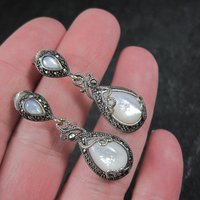 Vintage Sterling Silver Mother of Pearl Marcasite Earrings