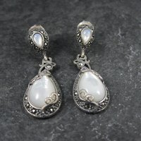 Vintage Sterling Silver Mother of Pearl Marcasite Earrings