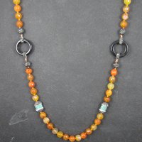 Estate Orange Quartz Marcasite Turquoise Bead Necklace 38"