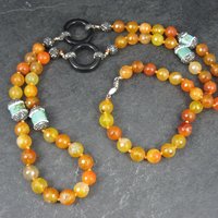 Estate Orange Quartz Marcasite Turquoise Bead Necklace 38"