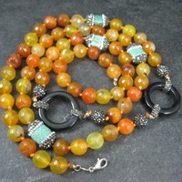Estate Orange Quartz Marcasite Turquoise Bead Necklace 38"