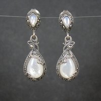 Vintage Sterling Silver Mother of Pearl Marcasite Earrings
