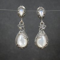 Vintage Sterling Silver Mother of Pearl Marcasite Earrings