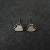 Tiny Opal Heart Earrings Vintage Sterling Silver Studs