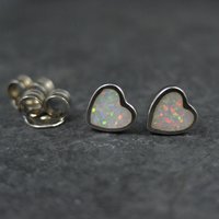 Tiny Opal Heart Earrings Vintage Sterling Silver Studs