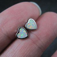 Tiny Opal Heart Earrings Vintage Sterling Silver Studs