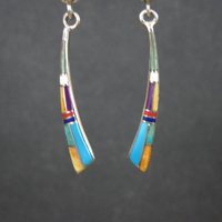 Dainty Southwestern Inlay Earrings Sterling Silver Estate Jewelry