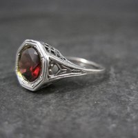 Vintage Filigree Garnet Solitaire Ring Size 5 Sterling Silver