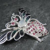 Ruby and Moonstone Bee Pendant Brooch Sterling Silver Plique-a-jour Enamel
