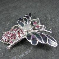 Ruby and Moonstone Bee Pendant Brooch Sterling Silver Plique-a-jour Enamel