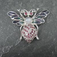 Ruby and Moonstone Bee Pendant Brooch Sterling Silver Plique-a-jour Enamel