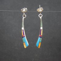 Dainty Southwestern Inlay Earrings Sterling Silver Estate Jewelry