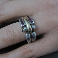 Vintage Ruby and Sapphire Ring Size 7 Sterling Silver and 18K Yellow Gold Estate Jewelry