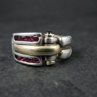 Vintage Ruby and Sapphire Ring Size 7 Sterling Silver and 18K Yellow Gold Estate Jewelry