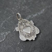 Vintage Catholic Sacred Heart Medal Pendant Charm Creed Sterling