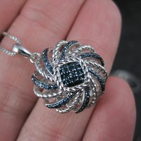 Estate Blue Diamond Pendant Necklace Sterling Silver .25 Ctw