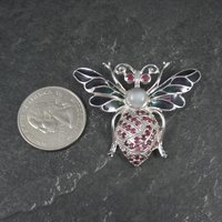 Ruby and Moonstone Bee Pendant Brooch Sterling Silver Plique-a-jour Enamel