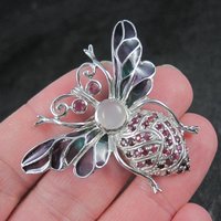 Ruby and Moonstone Bee Pendant Brooch Sterling Silver Plique-a-jour Enamel