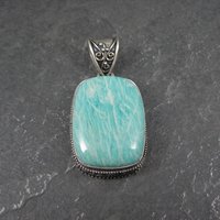 Ornate Amazonite Pendant Sterling Silver Balinese Estate Necklace