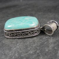 Ornate Amazonite Pendant Sterling Silver Balinese Estate Necklace