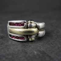 Vintage Ruby and Sapphire Ring Size 7 Sterling Silver and 18K Yellow Gold Estate Jewelry